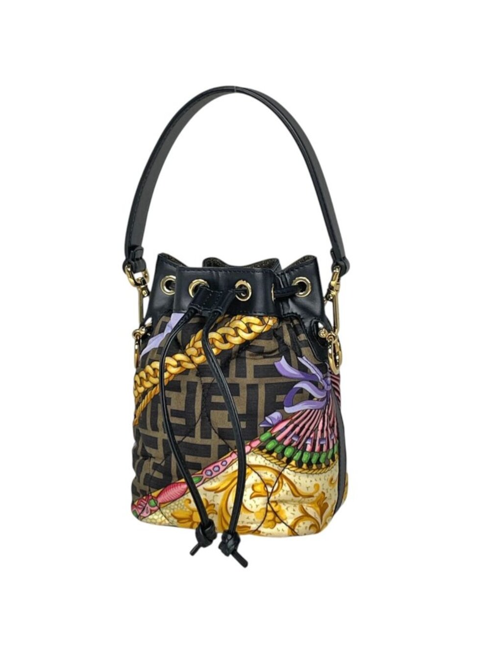 Fendi Handbag Montresor Mini Fendace Drawstring Fabric Black Multicolor